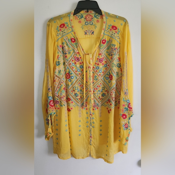 Johnny Was Yellow Embroidered Shirt Ladies Size Large Embroidered Boho Hippie - Picture 2 of 7